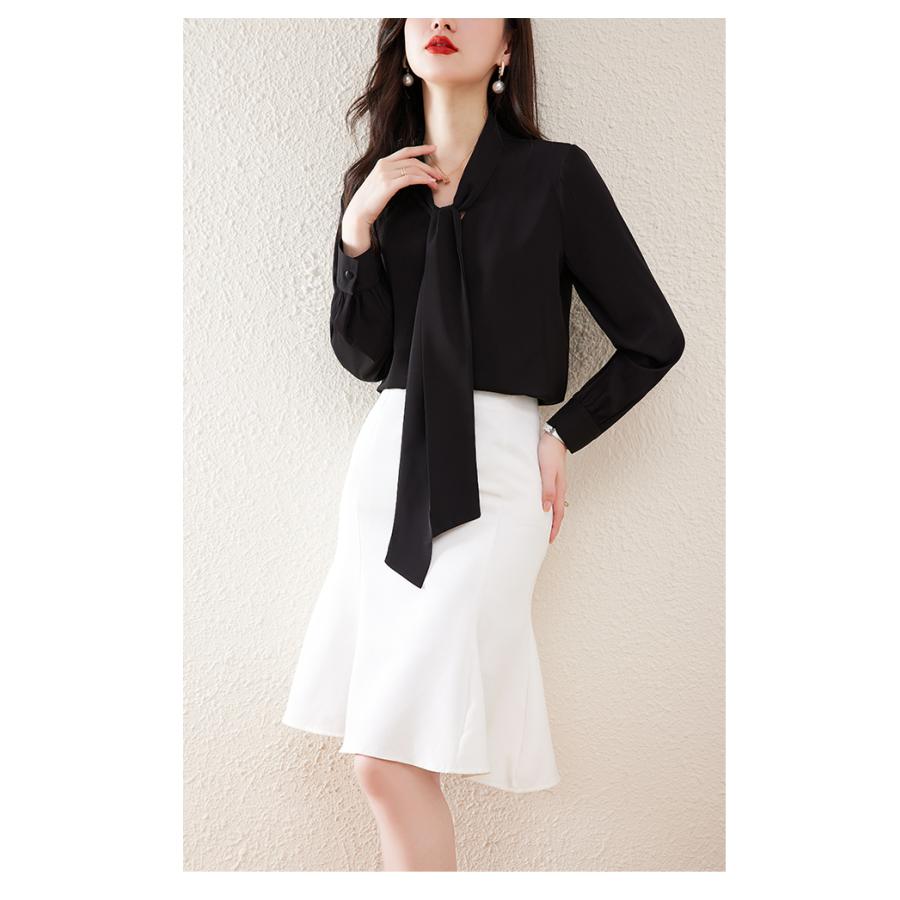 シフォンシャツ リボン 長袖 レディースシャツ 無地 白シャツ カジュアル 通勤 しなやか トップス Vネック ブラウス ブラック M女性 | ホームアイホーム | 07