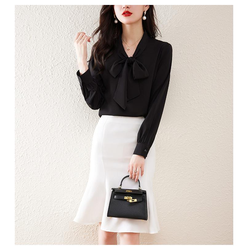 シフォンシャツ リボン 長袖 レディースシャツ 無地 白シャツ カジュアル 通勤 しなやか トップス Vネック ブラウス ブラック M女性 | ホームアイホーム | 09