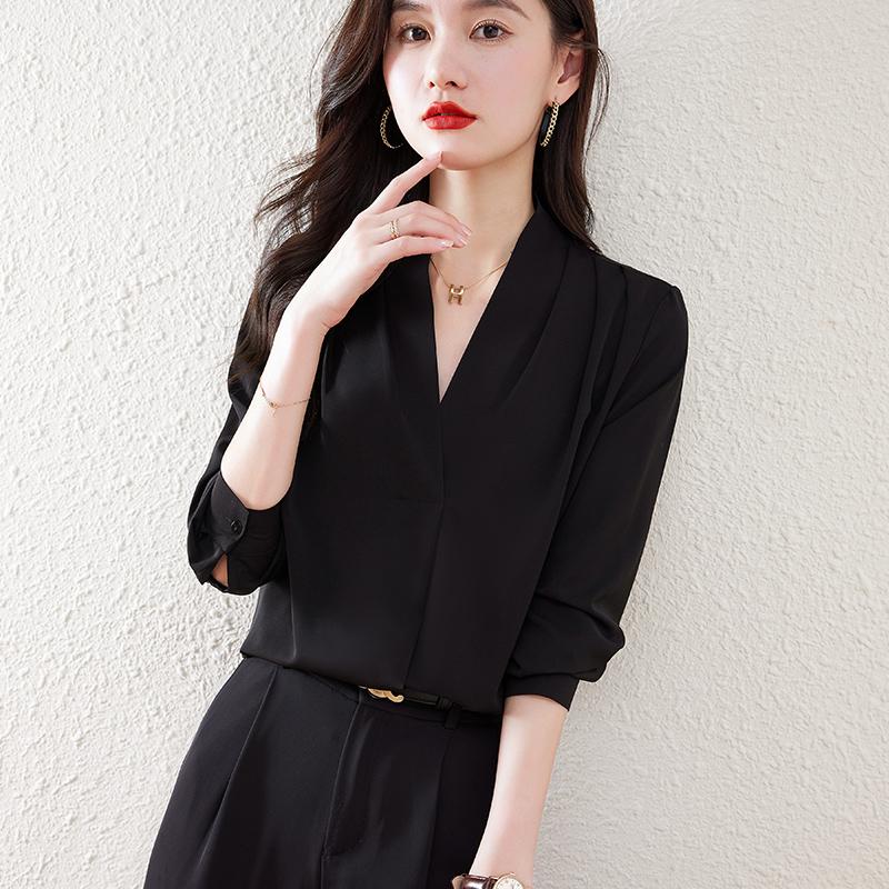 長袖シャツ シフォン カジュアル レディースウエア Vネック トップス プルオーバーシャツ ブラウス 無地 しなやか 通勤 オールシーズン 女性 レディースコーデ | ホームアイホーム