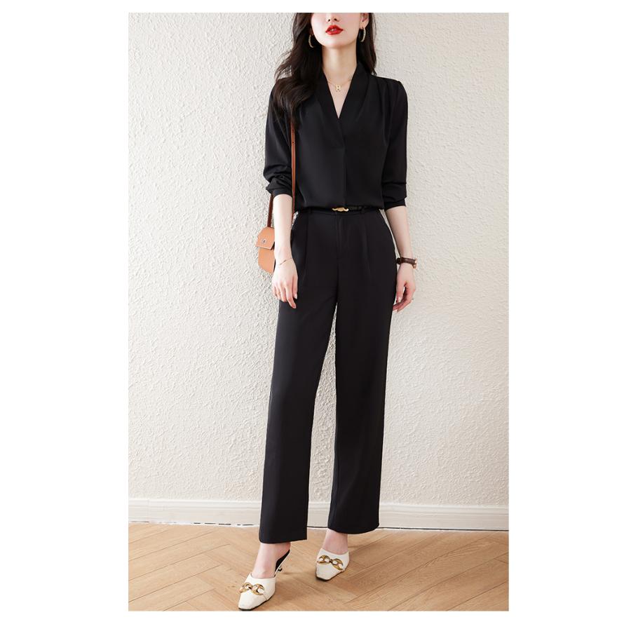 長袖シャツ シフォン カジュアル レディースウエア Vネック トップス プルオーバーシャツ ブラウス 無地 しなやか 通勤 オールシーズン 女性 レディースコーデ | ホームアイホーム | 05