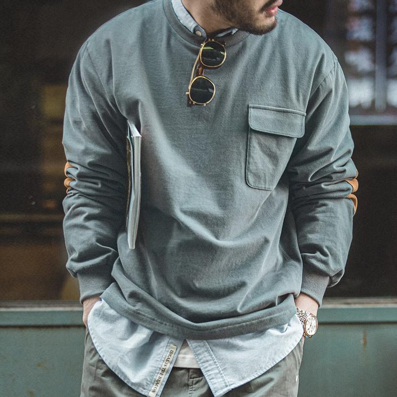 tシャツ メンズ 長袖tシャツ 大きいサイズ オーバーサイズ トレーナー 綿 ヘビーウェイト クルーネック ロンT ポケット スエードパッチ 肘パッチ 異素材切り替え | ホームアイホーム