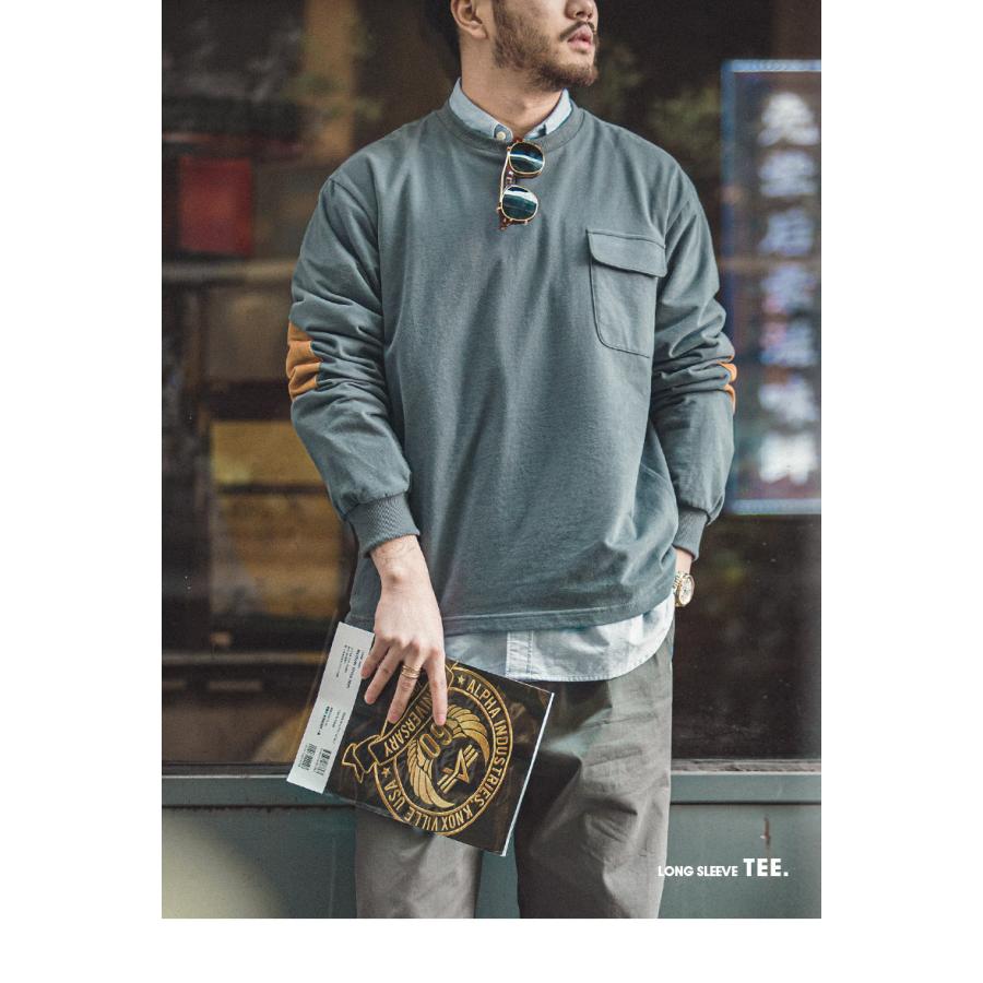 tシャツ メンズ 長袖tシャツ 大きいサイズ オーバーサイズ トレーナー 綿 ヘビーウェイト クルーネック ロンT ポケット スエードパッチ 肘パッチ 異素材切り替え | ホームアイホーム | 12