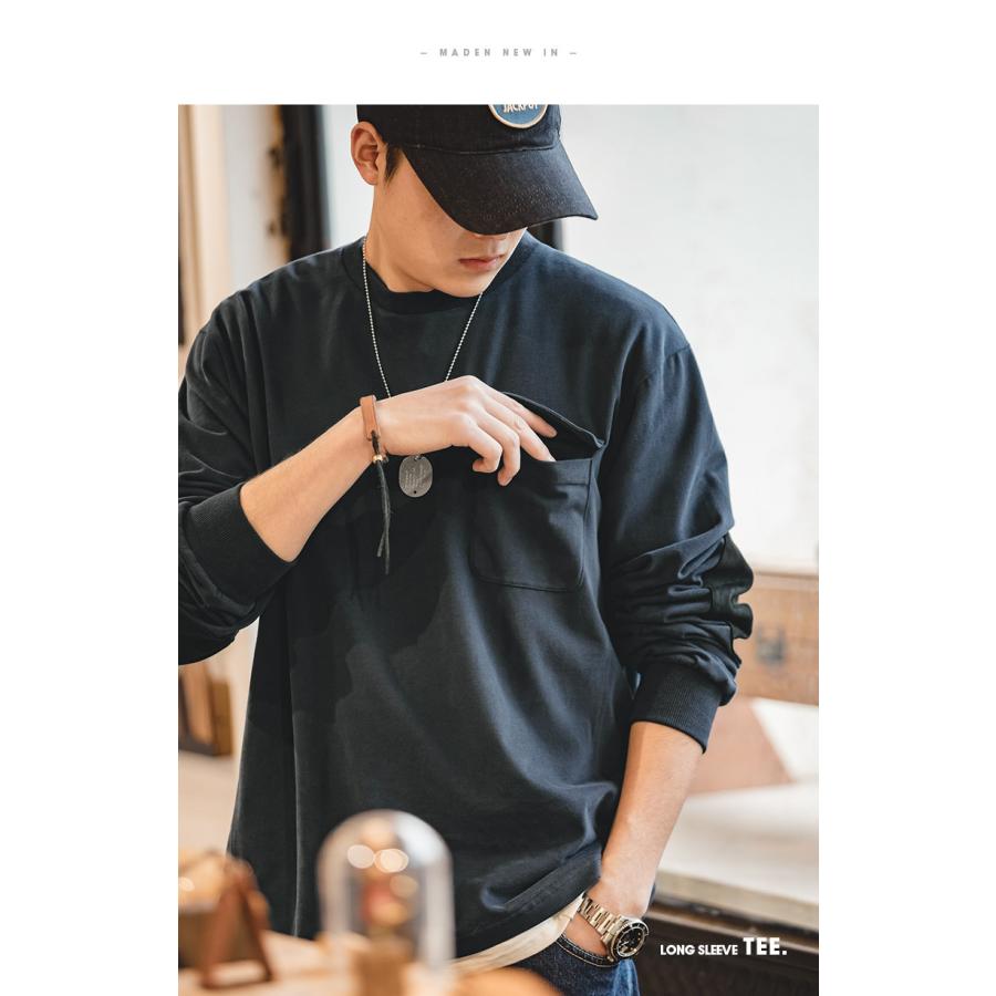 tシャツ メンズ 長袖tシャツ 大きいサイズ オーバーサイズ トレーナー 綿 ヘビーウェイト クルーネック ロンT ポケット スエードパッチ 肘パッチ 異素材切り替え | ホームアイホーム | 14