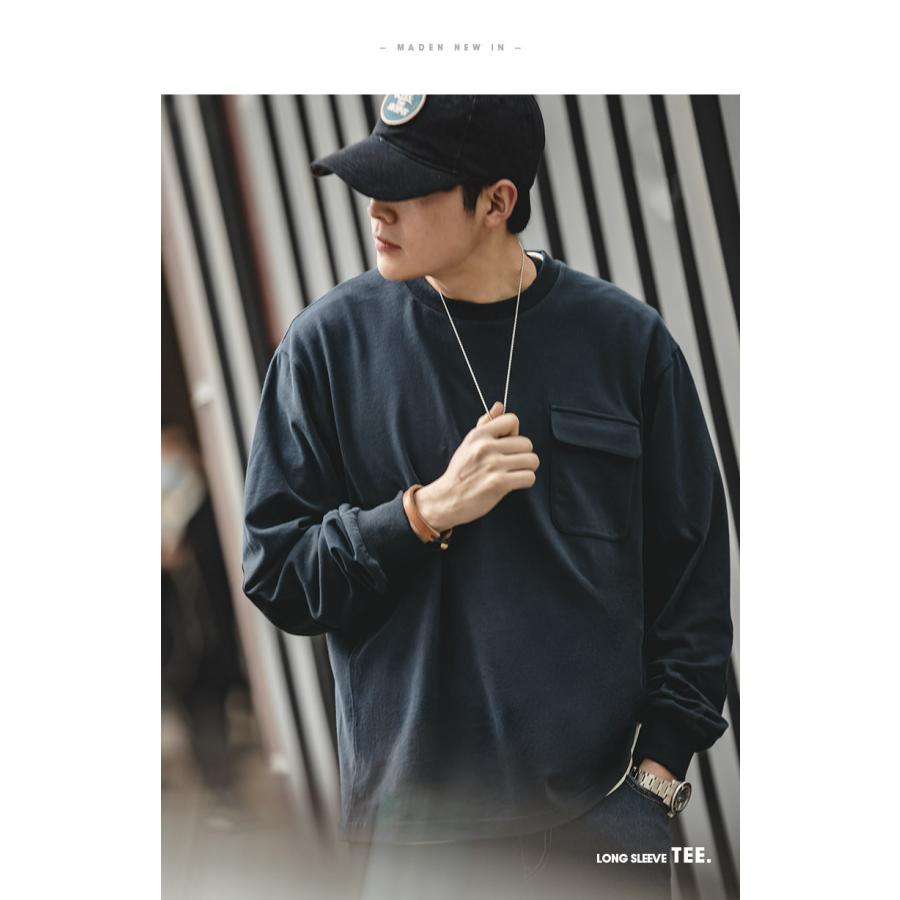 tシャツ メンズ 長袖tシャツ 大きいサイズ オーバーサイズ トレーナー 綿 ヘビーウェイト クルーネック ロンT ポケット スエードパッチ 肘パッチ 異素材切り替え | ホームアイホーム | 15