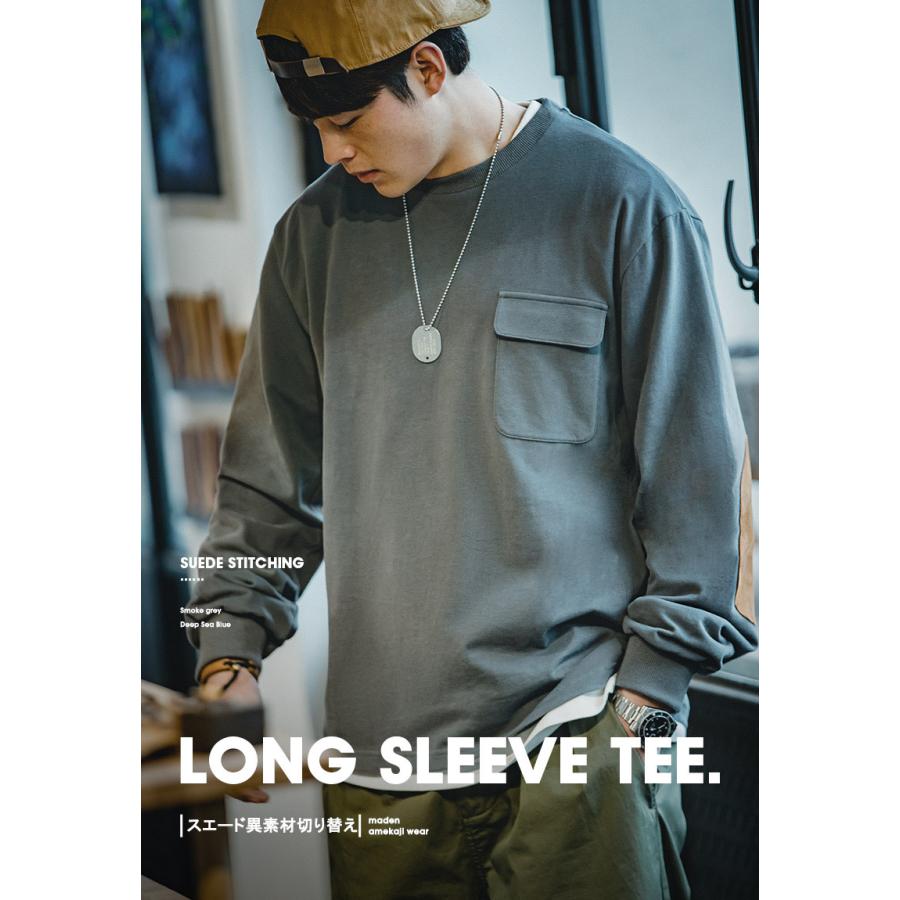 tシャツ メンズ 長袖tシャツ 大きいサイズ オーバーサイズ トレーナー 綿 ヘビーウェイト クルーネック ロンT ポケット スエードパッチ 肘パッチ 異素材切り替え | ホームアイホーム | 04