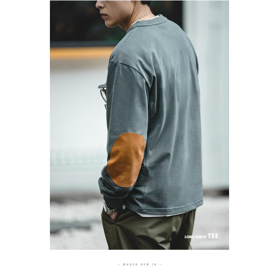 tシャツ メンズ 長袖tシャツ 大きいサイズ オーバーサイズ トレーナー 綿 ヘビーウェイト クルーネック ロンT ポケット スエードパッチ 肘パッチ 異素材切り替え | ホームアイホーム | 10