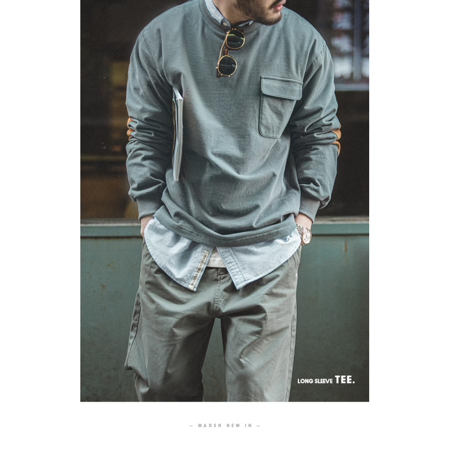 tシャツ メンズ 長袖tシャツ 大きいサイズ オーバーサイズ トレーナー 綿 ヘビーウェイト クルーネック ロンT ポケット スエードパッチ 肘パッチ 異素材切り替え | ホームアイホーム | 11