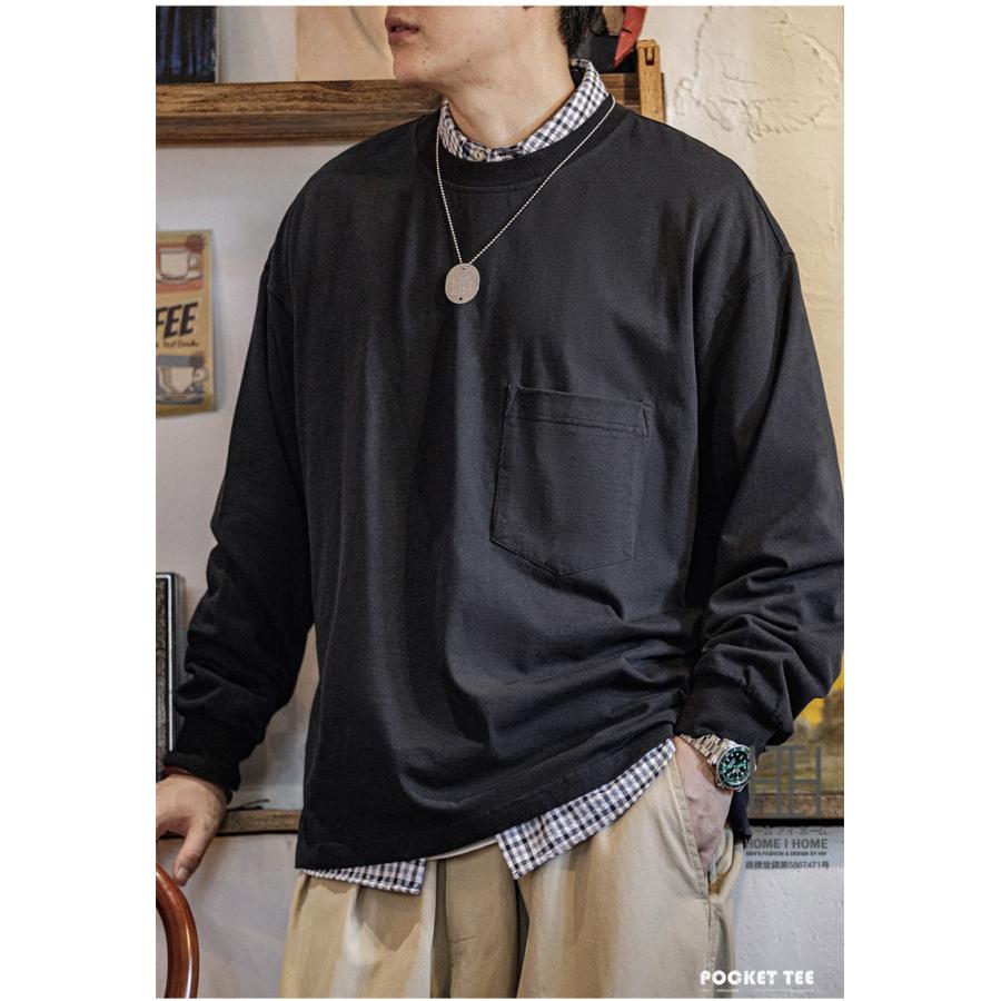 Tシャツ メンズ 長袖 ロンT 無地 シンプル ポケット付き クルーネック 大きいサイズ 綿100 tシャツ おしゃれ 厚手 黒T グレー オーバーサイズ 春 春服 | ホームアイホーム | 10