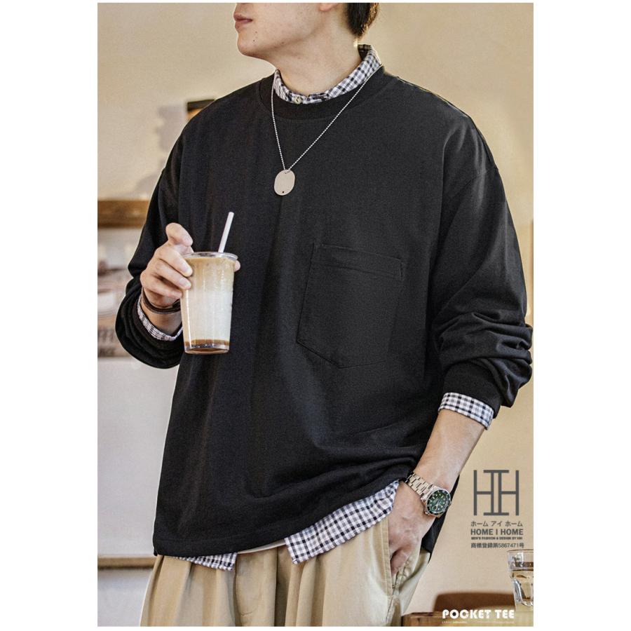 Tシャツ メンズ 長袖 ロンT 無地 シンプル ポケット付き クルーネック 大きいサイズ 綿100 tシャツ おしゃれ 厚手 黒T グレー オーバーサイズ 春 春服 | ホームアイホーム | 11