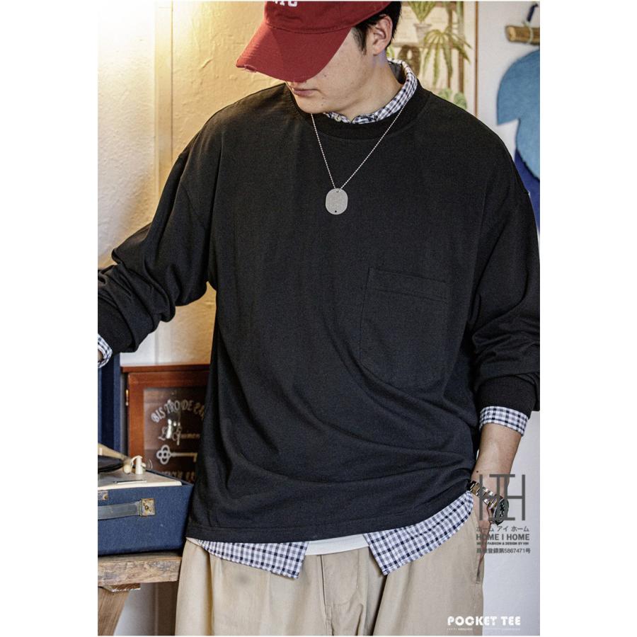 Tシャツ メンズ 長袖 ロンT 無地 シンプル ポケット付き クルーネック 大きいサイズ 綿100 tシャツ おしゃれ 厚手 黒T グレー オーバーサイズ 春 春服 | ホームアイホーム | 08