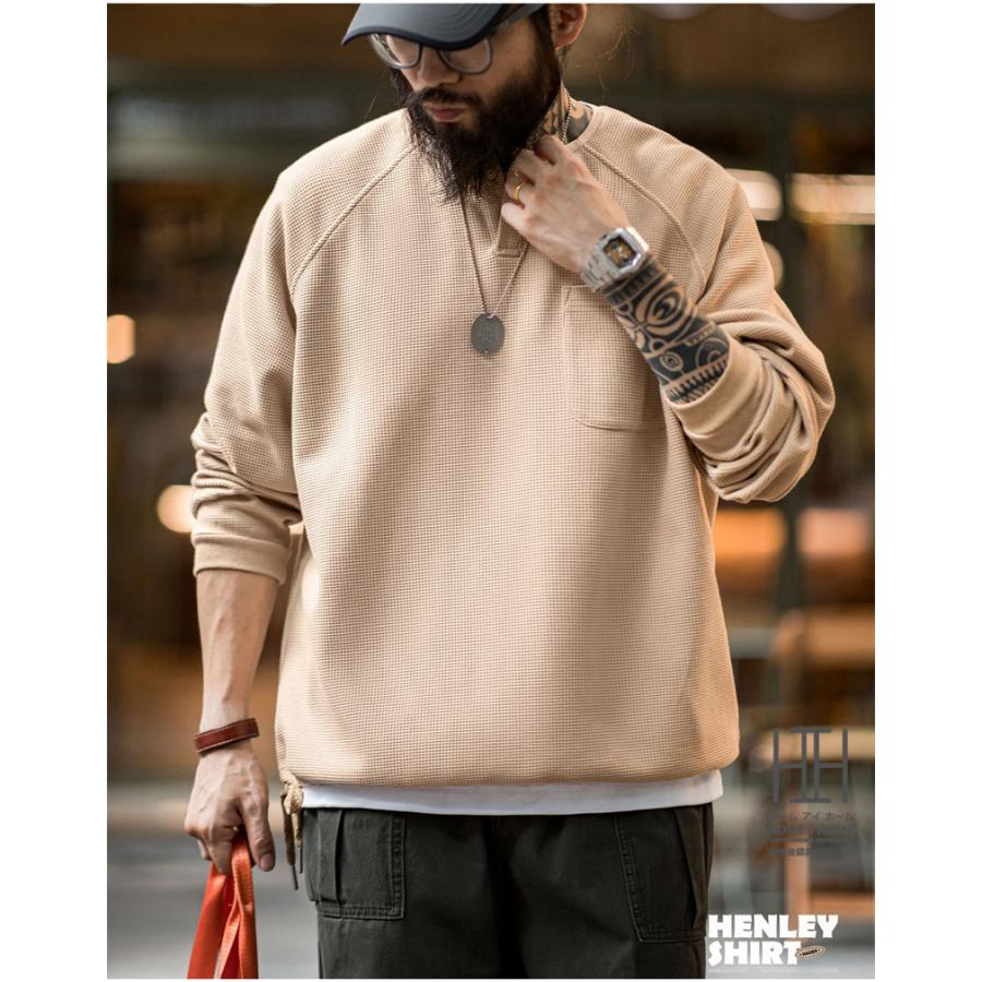 ヘンリーネックTシャツ メンズ 長袖 ロンT 無地 ポケット付き ワッフルtシャツ ストレッチ クルーネック 大きいサイズ カジュアル tシャツ おしゃれ カットソー | ホームアイホーム | 11