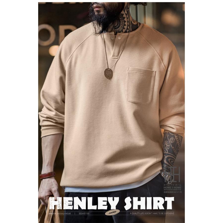 ヘンリーネックTシャツ メンズ 長袖 ロンT 無地 ポケット付き ワッフルtシャツ ストレッチ クルーネック 大きいサイズ カジュアル tシャツ おしゃれ カットソー | ホームアイホーム | 12