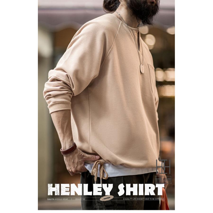 ヘンリーネックTシャツ メンズ 長袖 ロンT 無地 ポケット付き ワッフルtシャツ ストレッチ クルーネック 大きいサイズ カジュアル tシャツ おしゃれ カットソー | ホームアイホーム | 02