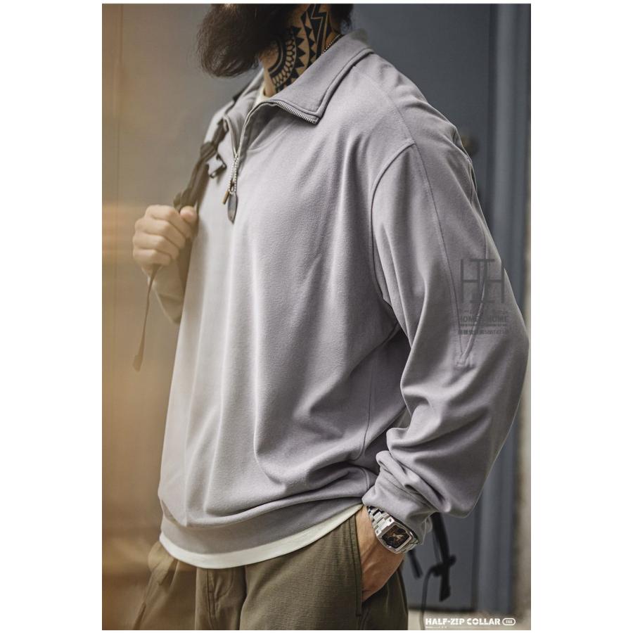 トレーナー メンズ おしゃれ ハーフジップ フリース 長袖 tシャツ ロンt オーバーサイズ ビッグシルエット プルオーバー 起毛感 大きいサイズ 春 秋 冬 | ホームアイホーム | 11