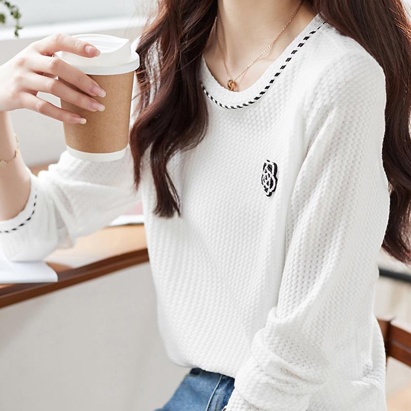 ワッフルカットソー 長袖 クルーネック レディース ワンポイント 女性 Tシャツ トップス ロンT 白T カジュアル | ホームアイホーム | 01