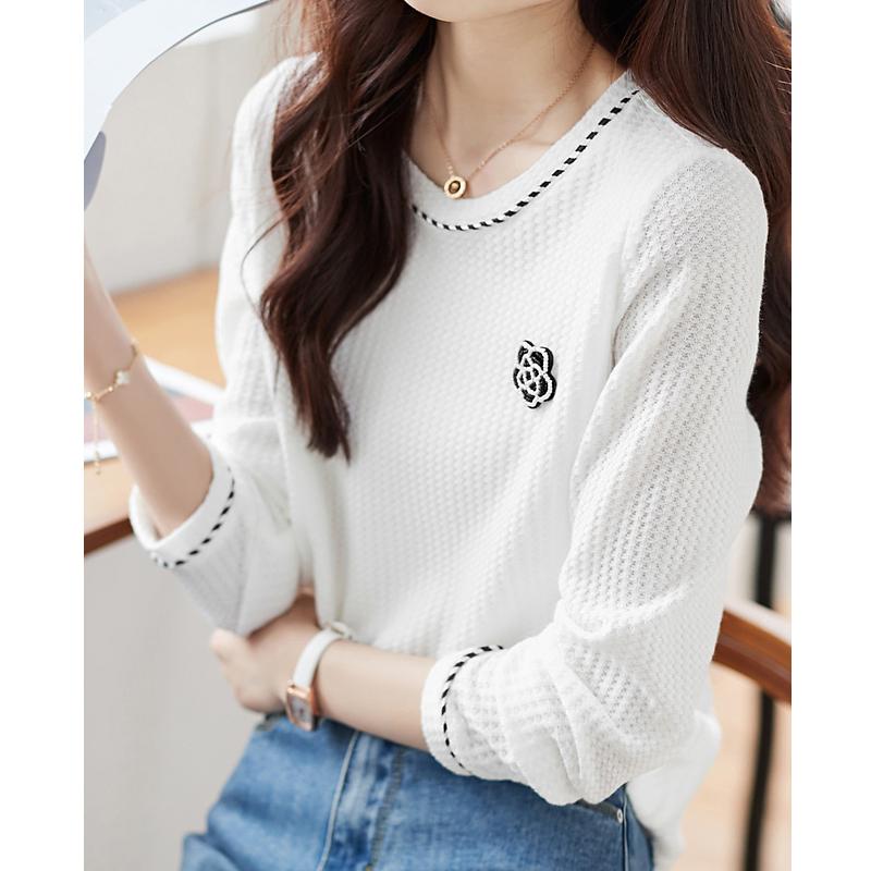 ワッフルカットソー 長袖 クルーネック レディース ワンポイント 女性 Tシャツ トップス ロンT 白T カジュアル | ホームアイホーム | 02