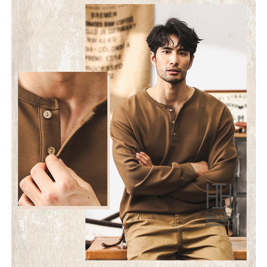 ヘンリーネック Tシャツ ヘンリーネックtシャツ メンズ 長袖  ヘビーウェイト ロンT 大きいサイズ おしゃれ 無地 スポーツ カジュアル カットソー 秋 冬 春服 | ホームアイホーム | 01