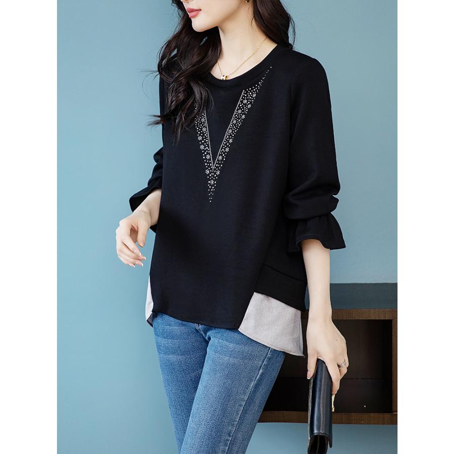 Tシャツ レディース ラインストーン 長袖 キラキラ フレア フェイクレヤード ロングテイル スタイリッシュ プルオーバー 丸首 | ホームアイホーム