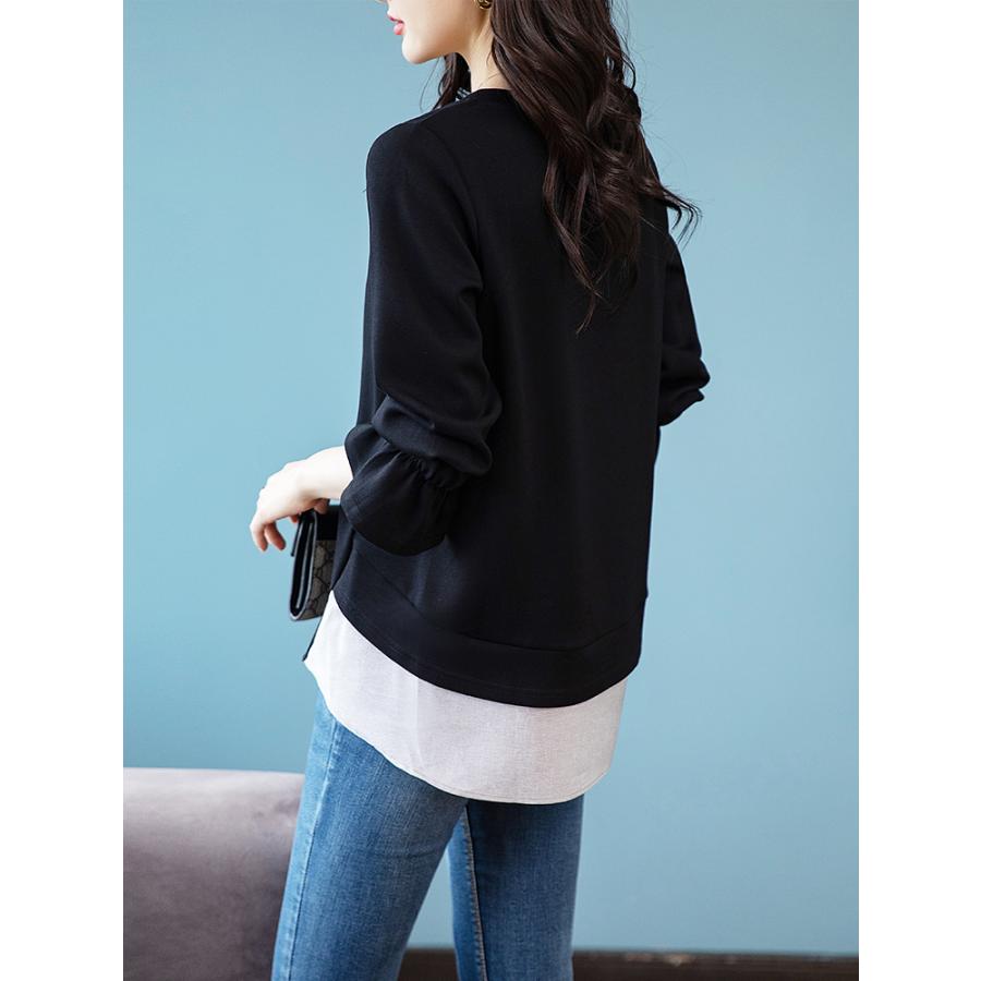 Tシャツ レディース ラインストーン 長袖 キラキラ フレア フェイクレヤード ロングテイル スタイリッシュ プルオーバー 丸首 | ホームアイホーム | 02