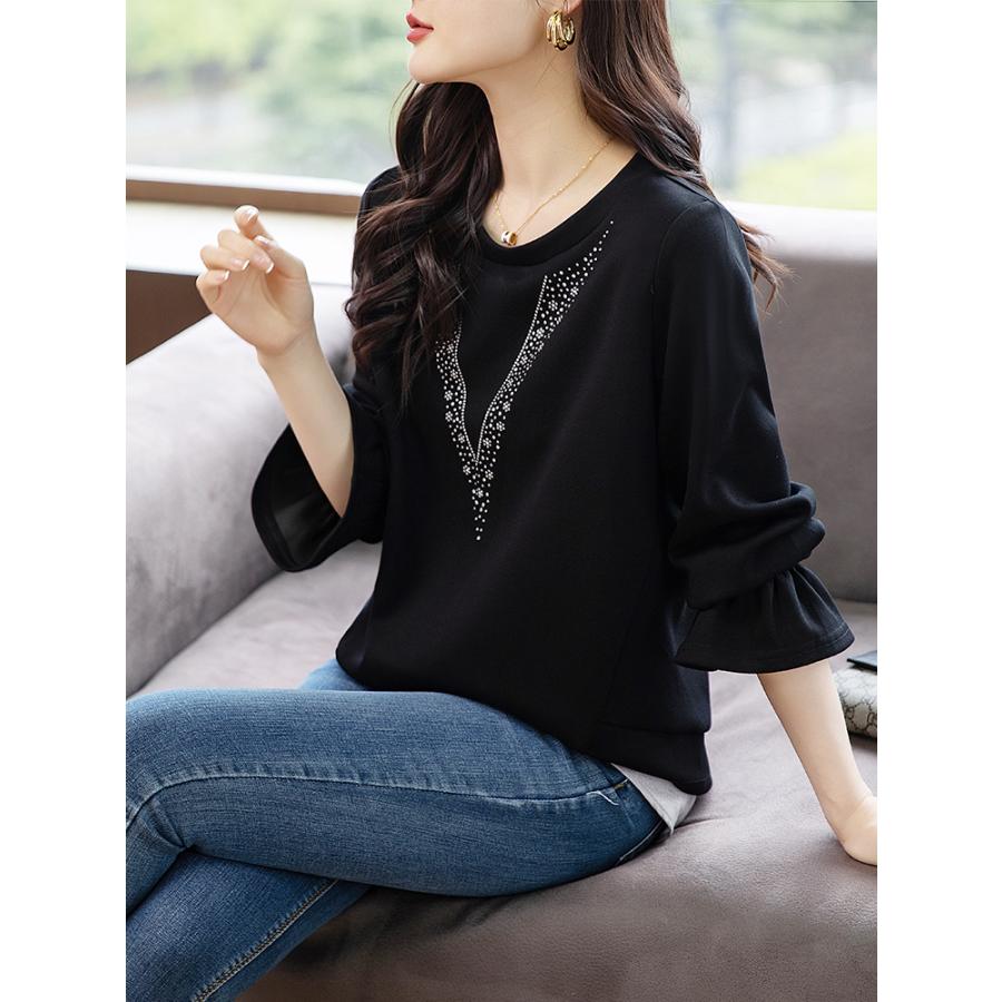 Tシャツ レディース ラインストーン 長袖 キラキラ フレア フェイクレヤード ロングテイル スタイリッシュ プルオーバー 丸首 | ホームアイホーム | 01