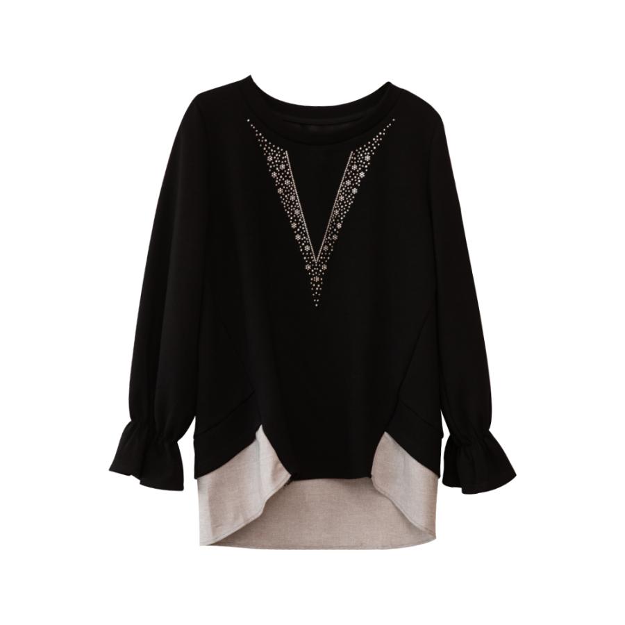 Tシャツ レディース ラインストーン 長袖 キラキラ フレア フェイクレヤード ロングテイル スタイリッシュ プルオーバー 丸首 | ホームアイホーム | 03