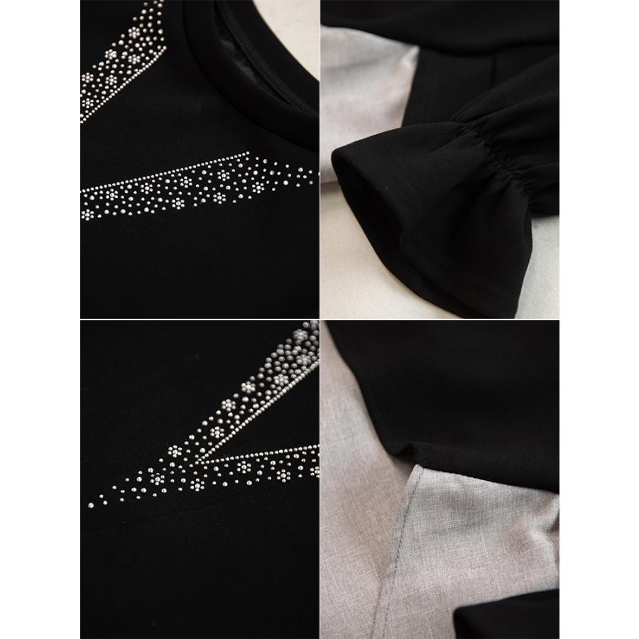 Tシャツ レディース ラインストーン 長袖 キラキラ フレア フェイクレヤード ロングテイル スタイリッシュ プルオーバー 丸首 | ホームアイホーム | 04