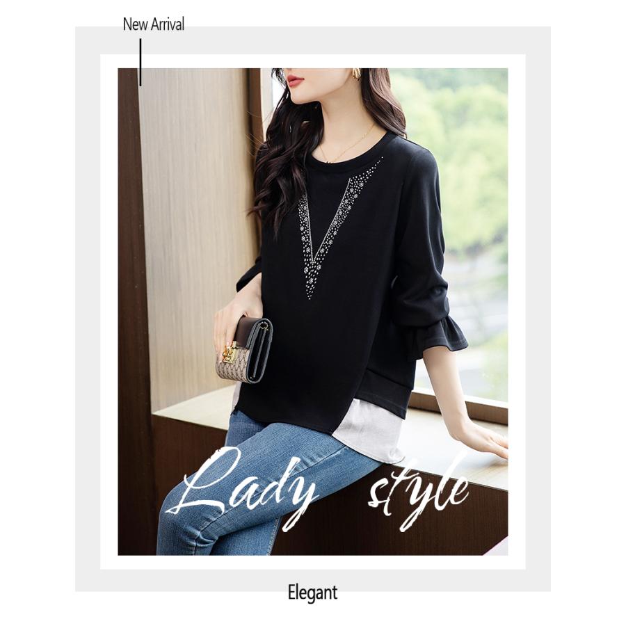 Tシャツ レディース ラインストーン 長袖 キラキラ フレア フェイクレヤード ロングテイル スタイリッシュ プルオーバー 丸首 | ホームアイホーム | 05