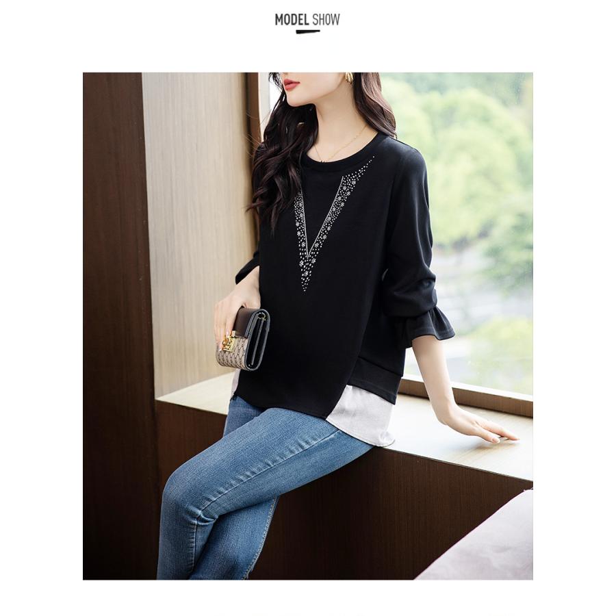 Tシャツ レディース ラインストーン 長袖 キラキラ フレア フェイクレヤード ロングテイル スタイリッシュ プルオーバー 丸首 | ホームアイホーム | 06