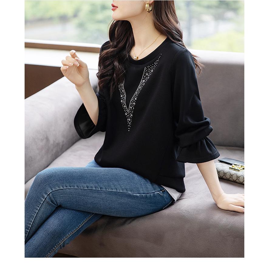 Tシャツ レディース ラインストーン 長袖 キラキラ フレア フェイクレヤード ロングテイル スタイリッシュ プルオーバー 丸首 | ホームアイホーム | 07