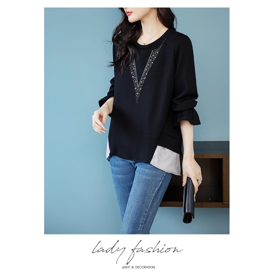 Tシャツ レディース ラインストーン 長袖 キラキラ フレア フェイクレヤード ロングテイル スタイリッシュ プルオーバー 丸首 | ホームアイホーム | 08