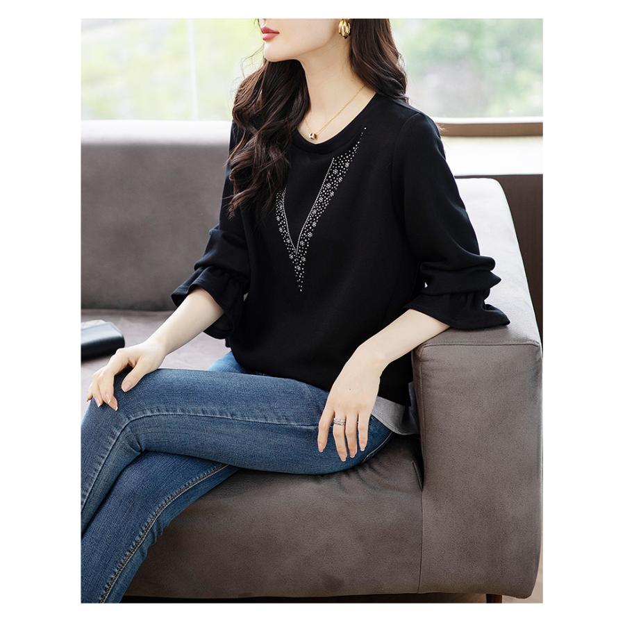 Tシャツ レディース ラインストーン 長袖 キラキラ フレア フェイクレヤード ロングテイル スタイリッシュ プルオーバー 丸首 | ホームアイホーム | 09