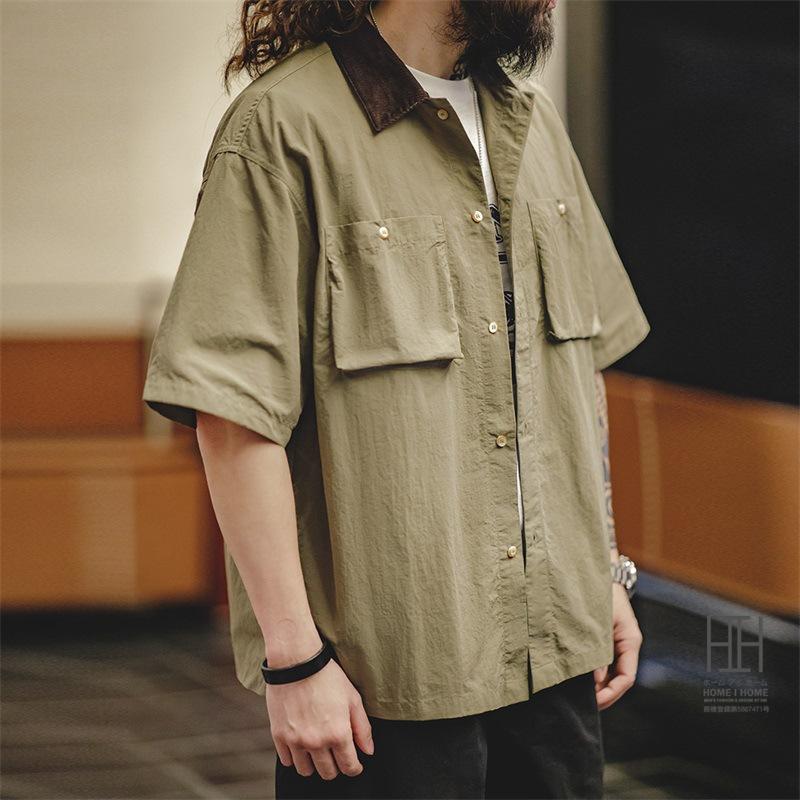 ワークシャツ ナイロンシャツ シャツ メンズ 半袖 コーデュロイ襟 Talon 撥水 オーバーサイズ 大きいサイズ おしゃれ 2ポケット ミリタリー 超軽量 カジュアル | ホームアイホーム