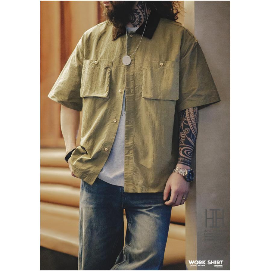 ワークシャツ ナイロンシャツ シャツ メンズ 半袖 コーデュロイ襟 Talon 撥水 オーバーサイズ 大きいサイズ おしゃれ 2ポケット ミリタリー 超軽量 カジュアル | ホームアイホーム | 11