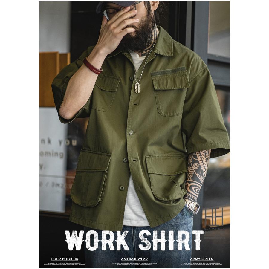 ワークシャツ ミリタリーシャツ シャツ メンズ 半袖 4ポケット 綿 100 大きいサイズ オーバーサイズ おしゃれ シャツジャケット アメカジ メンズシャツ | ホームアイホーム | 02