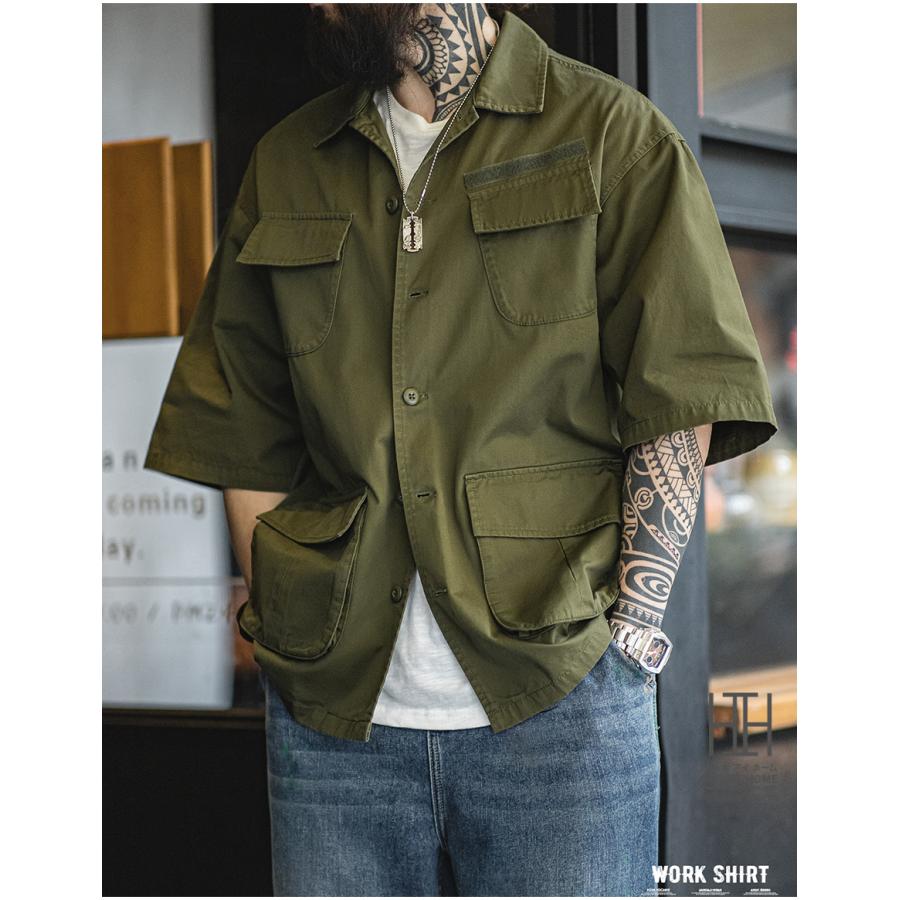 ワークシャツ ミリタリーシャツ シャツ メンズ 半袖 4ポケット 綿 100 大きいサイズ オーバーサイズ おしゃれ シャツジャケット アメカジ メンズシャツ | ホームアイホーム | 09