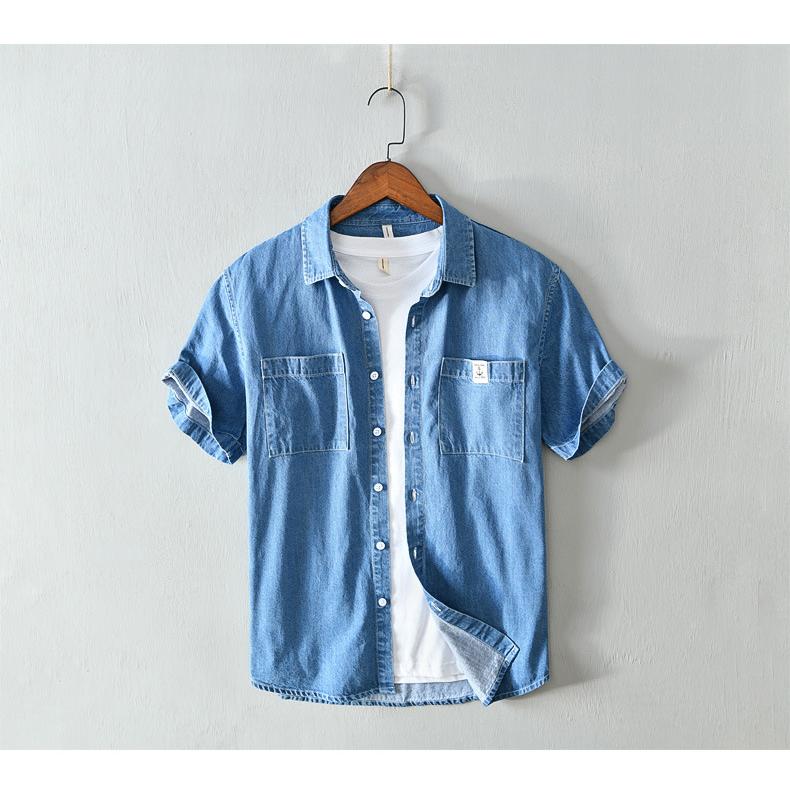 デニムシャツ メンズ ポケット付き 半袖 マーク 柔らかい ユーズド加工カジュアルシャツ ワークシャツ 夏服 トップス | ホームアイホーム | 03