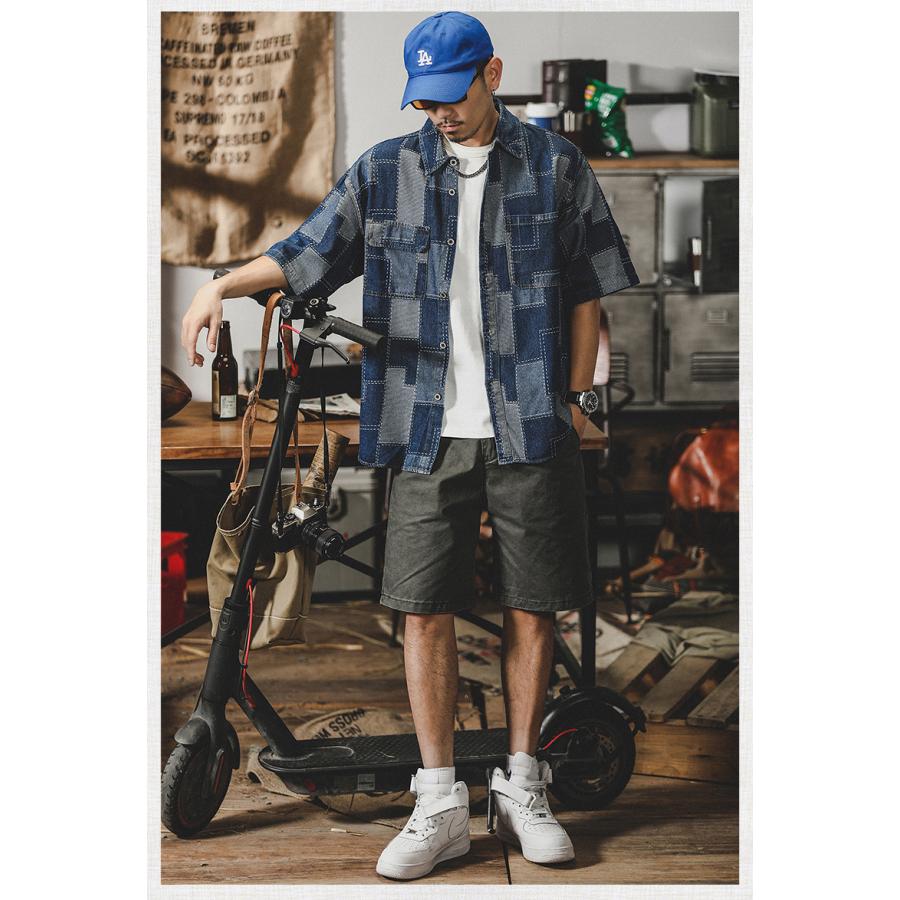 デニムシャツ メンズ アメカジ カジュアルシャツ カレッジ ダブルポケット 半袖シャツ オシャレ 柄物 トップス 羽織り 男子 ワークシャツ ウォッシュ加工 | ホームアイホーム | 10