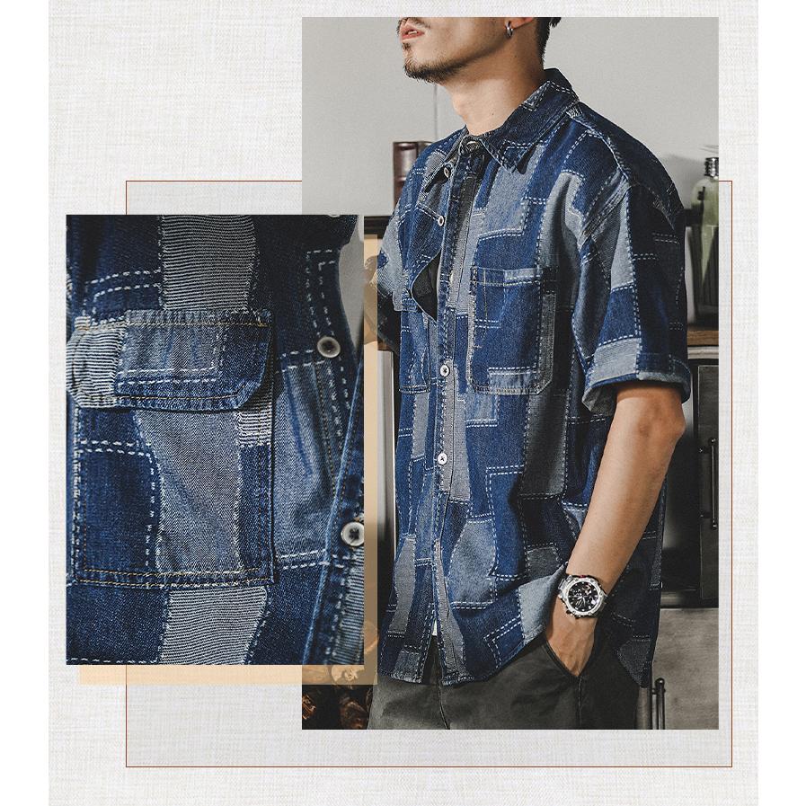 デニムシャツ メンズ アメカジ カジュアルシャツ カレッジ ダブルポケット 半袖シャツ オシャレ 柄物 トップス 羽織り 男子 ワークシャツ ウォッシュ加工 | ホームアイホーム | 11