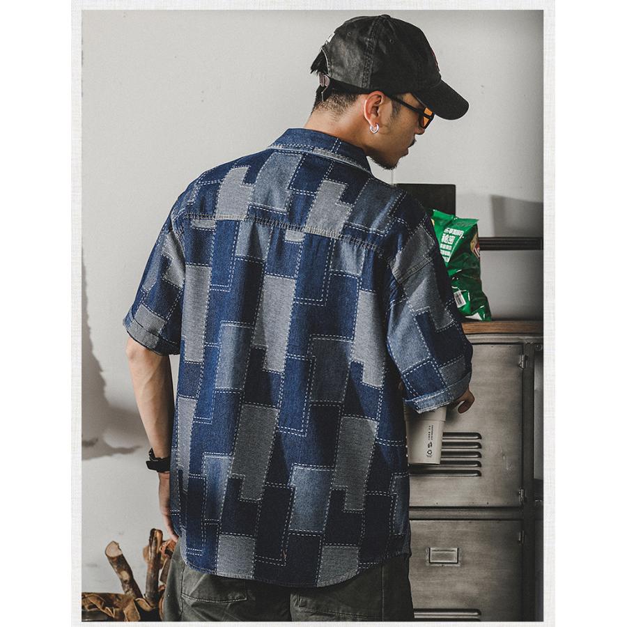 デニムシャツ メンズ アメカジ カジュアルシャツ カレッジ ダブルポケット 半袖シャツ オシャレ 柄物 トップス 羽織り 男子 ワークシャツ ウォッシュ加工 | ホームアイホーム | 12