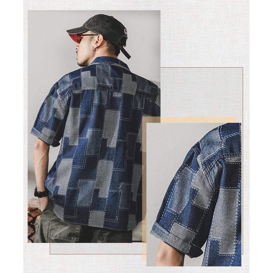 デニムシャツ メンズ アメカジ カジュアルシャツ カレッジ ダブルポケット 半袖シャツ オシャレ 柄物 トップス 羽織り 男子 ワークシャツ ウォッシュ加工 | ホームアイホーム | 13