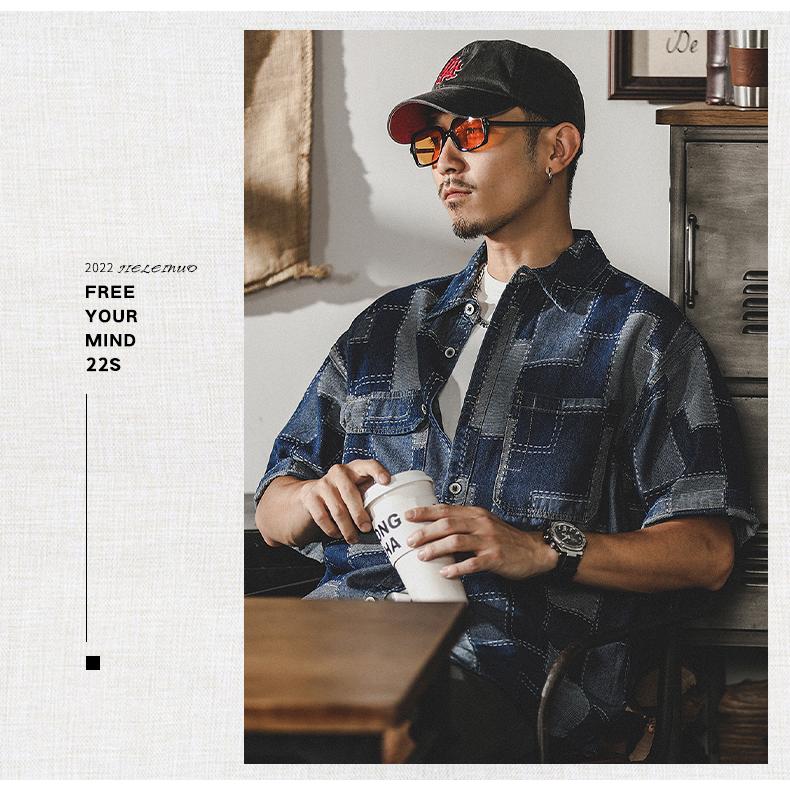 デニムシャツ メンズ アメカジ カジュアルシャツ カレッジ ダブルポケット 半袖シャツ オシャレ 柄物 トップス 羽織り 男子 ワークシャツ ウォッシュ加工 | ホームアイホーム | 16