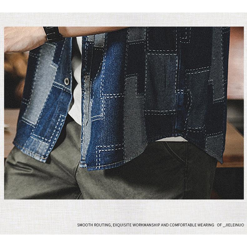 デニムシャツ メンズ アメカジ カジュアルシャツ カレッジ ダブルポケット 半袖シャツ オシャレ 柄物 トップス 羽織り 男子 ワークシャツ ウォッシュ加工 | ホームアイホーム | 17