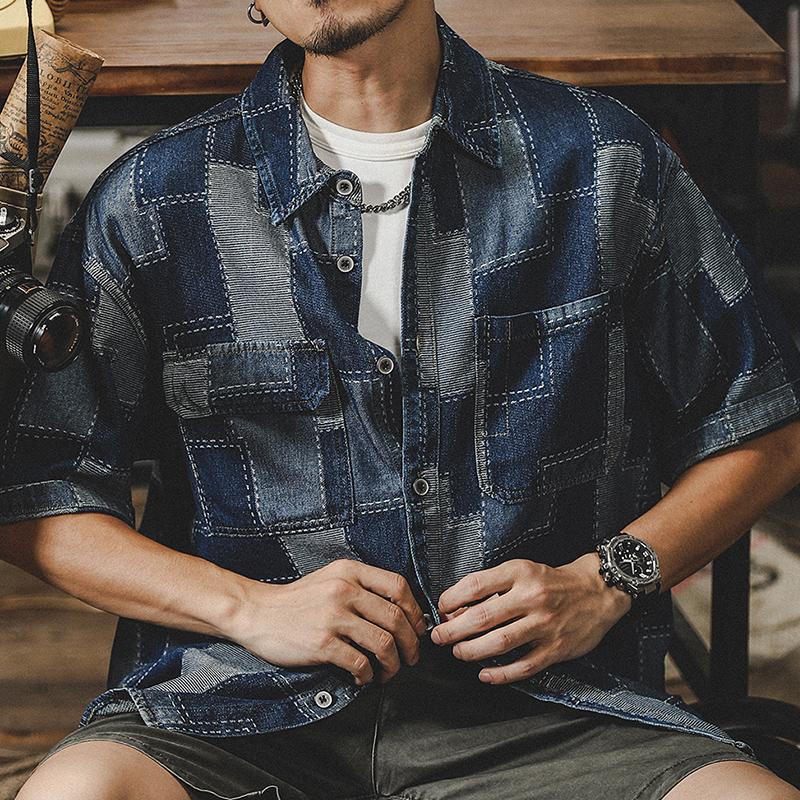 デニムシャツ メンズ アメカジ カジュアルシャツ カレッジ ダブルポケット 半袖シャツ オシャレ 柄物 トップス 羽織り 男子 ワークシャツ ウォッシュ加工 | ホームアイホーム | 02