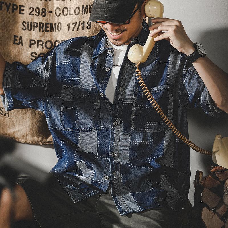 デニムシャツ メンズ アメカジ カジュアルシャツ カレッジ ダブルポケット 半袖シャツ オシャレ 柄物 トップス 羽織り 男子 ワークシャツ ウォッシュ加工 | ホームアイホーム | 03