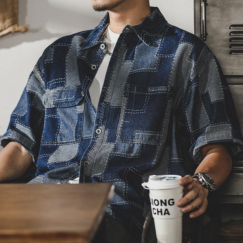 デニムシャツ メンズ アメカジ カジュアルシャツ カレッジ ダブルポケット 半袖シャツ オシャレ 柄物 トップス 羽織り 男子 ワークシャツ ウォッシュ加工 | ホームアイホーム | 04