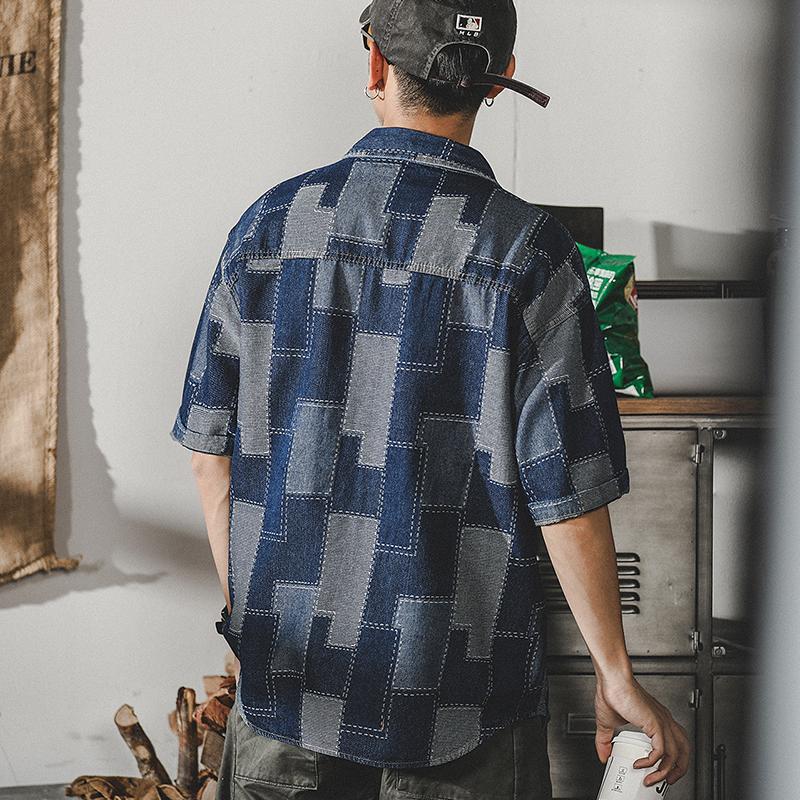 デニムシャツ メンズ アメカジ カジュアルシャツ カレッジ ダブルポケット 半袖シャツ オシャレ 柄物 トップス 羽織り 男子 ワークシャツ ウォッシュ加工 | ホームアイホーム | 05