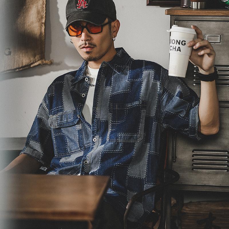 デニムシャツ メンズ アメカジ カジュアルシャツ カレッジ ダブルポケット 半袖シャツ オシャレ 柄物 トップス 羽織り 男子 ワークシャツ ウォッシュ加工 | ホームアイホーム | 01