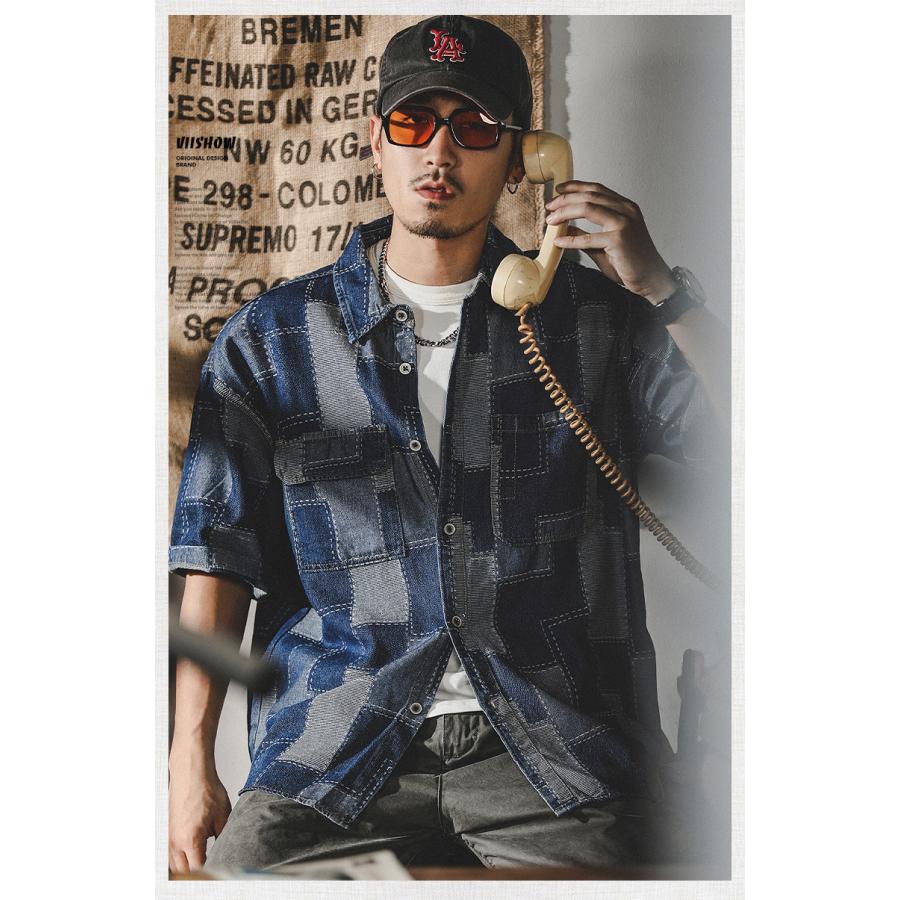 デニムシャツ メンズ アメカジ カジュアルシャツ カレッジ ダブルポケット 半袖シャツ オシャレ 柄物 トップス 羽織り 男子 ワークシャツ ウォッシュ加工 | ホームアイホーム | 06