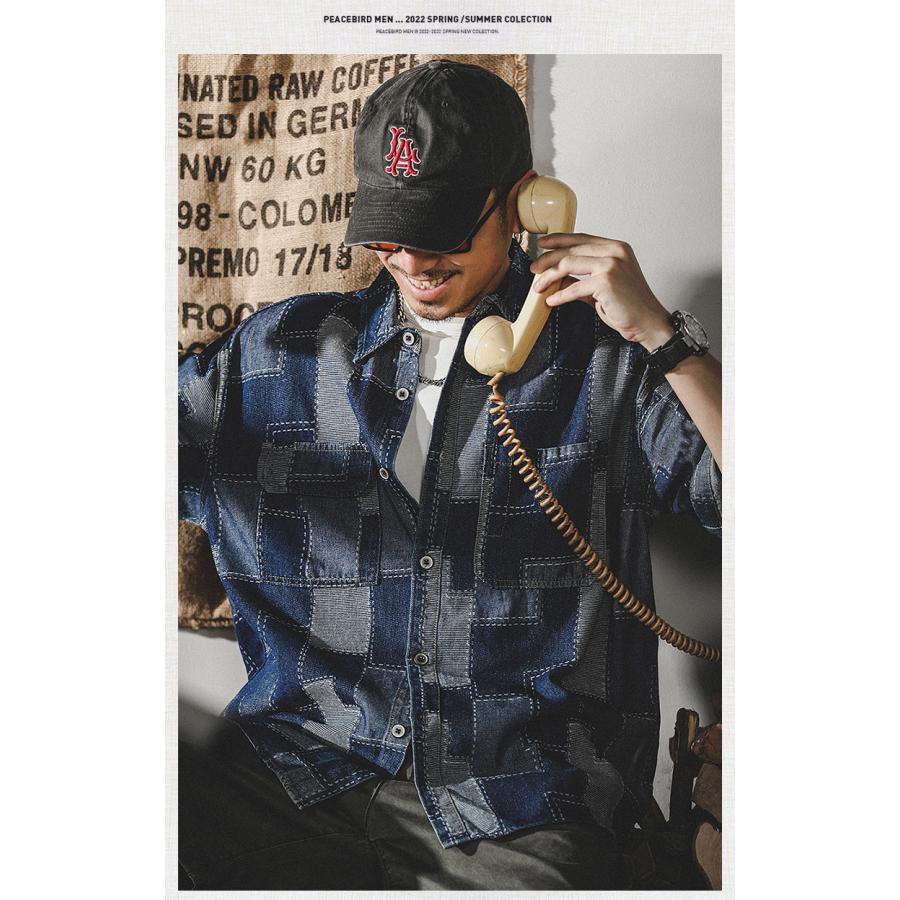 デニムシャツ メンズ アメカジ カジュアルシャツ カレッジ ダブルポケット 半袖シャツ オシャレ 柄物 トップス 羽織り 男子 ワークシャツ ウォッシュ加工 | ホームアイホーム | 07