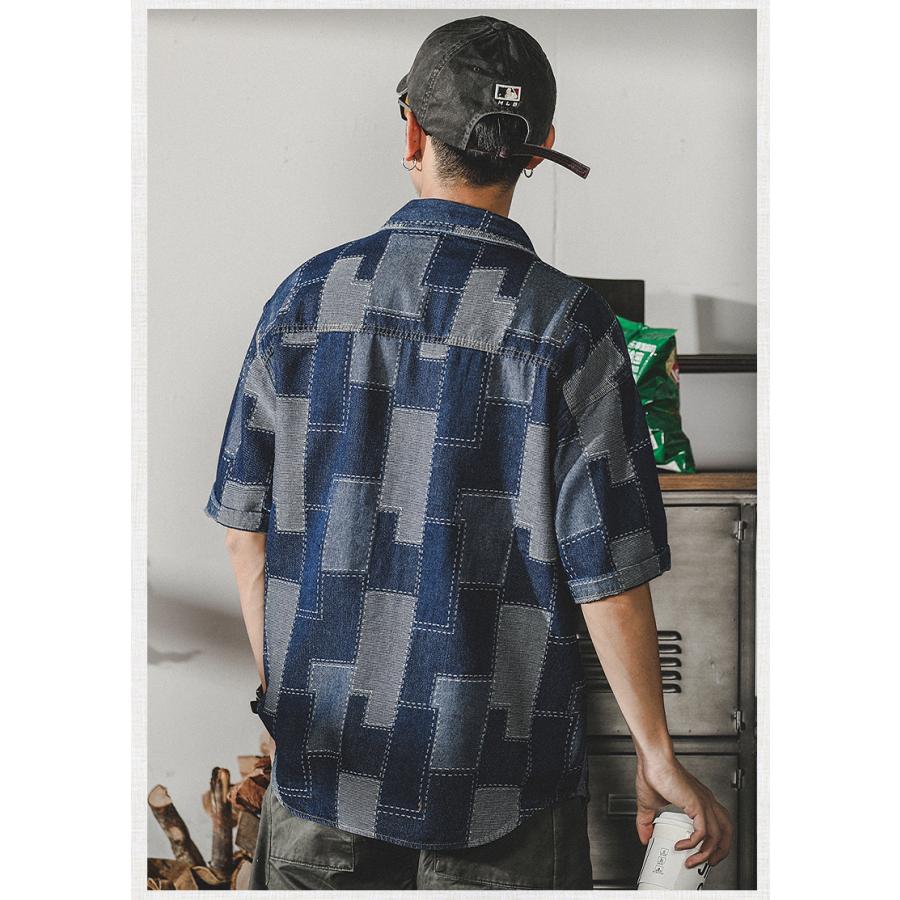 デニムシャツ メンズ アメカジ カジュアルシャツ カレッジ ダブルポケット 半袖シャツ オシャレ 柄物 トップス 羽織り 男子 ワークシャツ ウォッシュ加工 | ホームアイホーム | 08